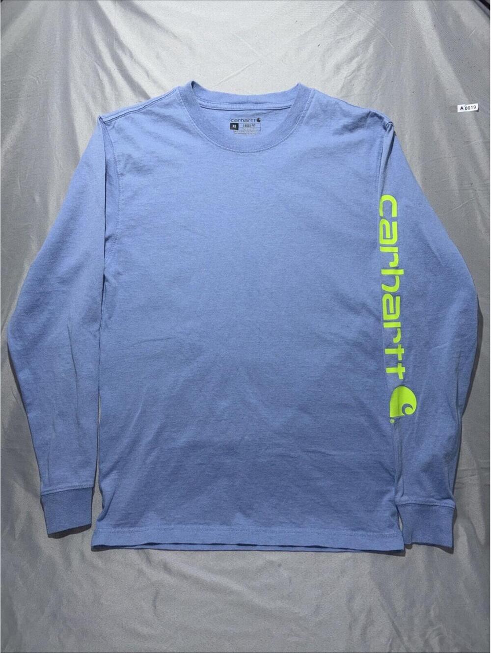 Carhartt Long Sleeve Shirt Mens XS Loose Fit Blue With Green Spellout Sleeve